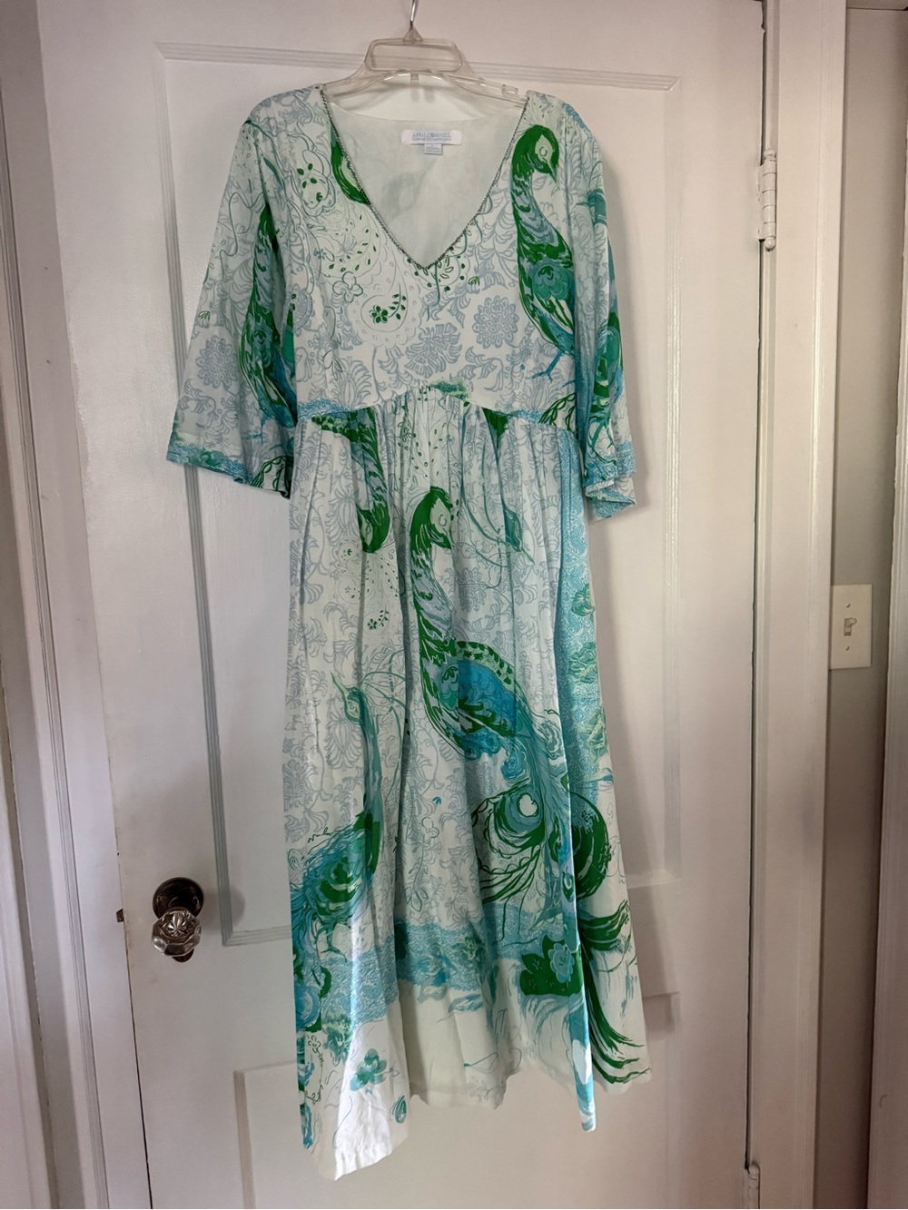 April Cornell Light Blue & Green V-Neck Peacock Printed Midi Dress